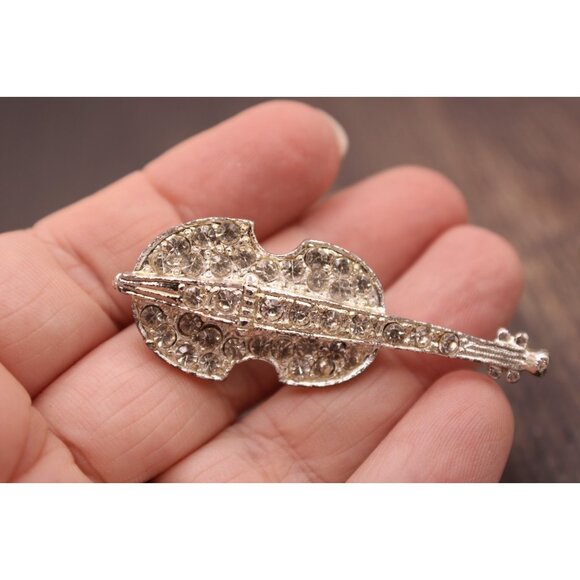 Violin Pin Brooch Rhinestones Lapel Hat Musical Instrument Jewelry Musician Vtg - Picture 8 of 10